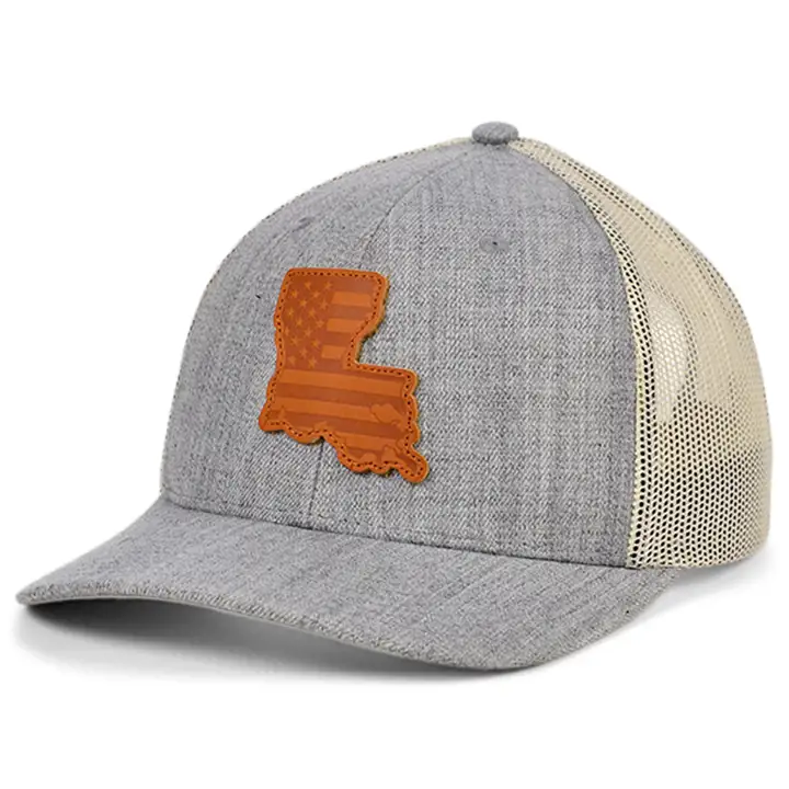 LOUISIANA HTHR Écusson en cuir USA Casquette Trucker Drapeau GRIS CLAIR/BLANC/MARRON