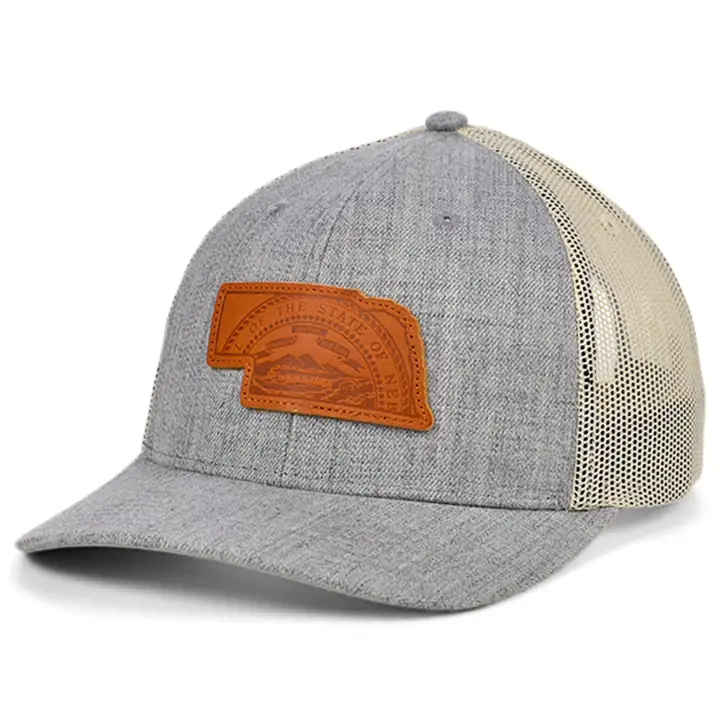 NEBRASKA Heather Leather State Fill Curved Trucker Flag H-GR