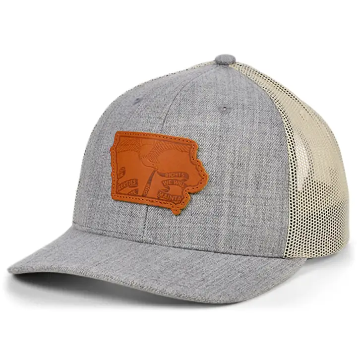 IOWA Casquette de camionneur courbée en cuir véritable Heather State Flag GRIS CLAIR/B