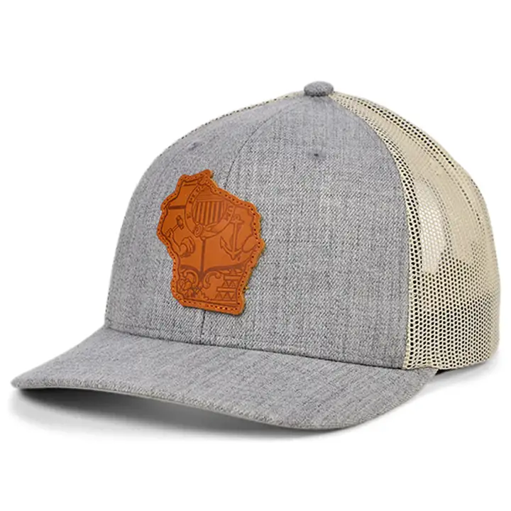 WISCONSIN Heather Leather State Fill Curved Trucker Flag H-G