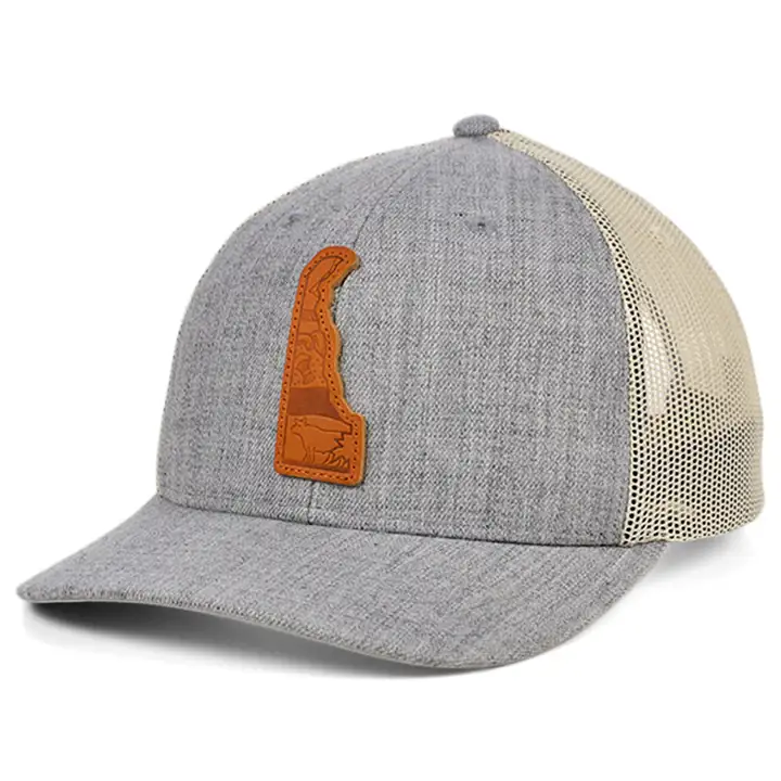DELAWARE Heather Leather State Fill Curved Trucker Flag H-GR
