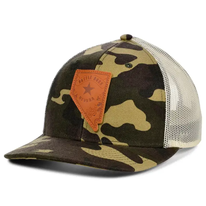 NEVADA Woodland Leather State Fill Curved Trucker Flag WOODL