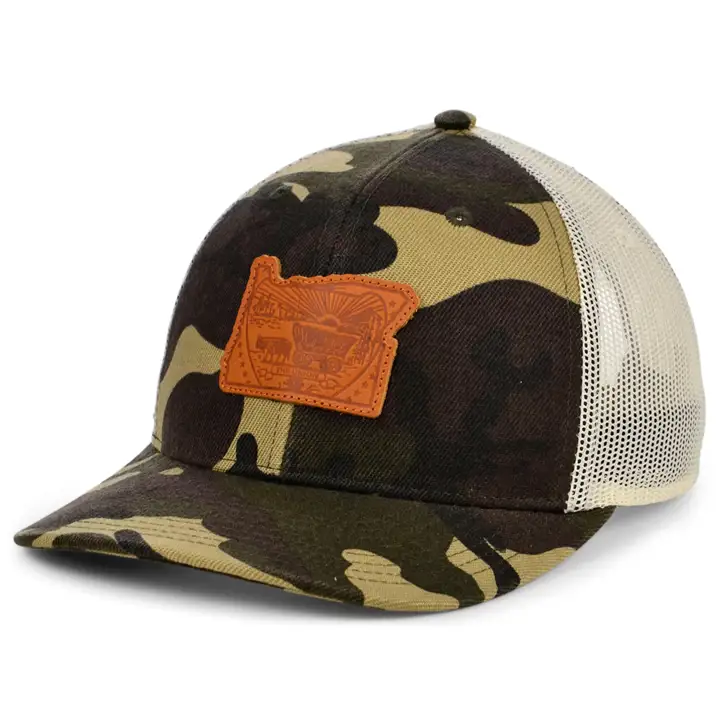 OREGON Woodland Leather State Fill Curved Trucker Flag WOODL