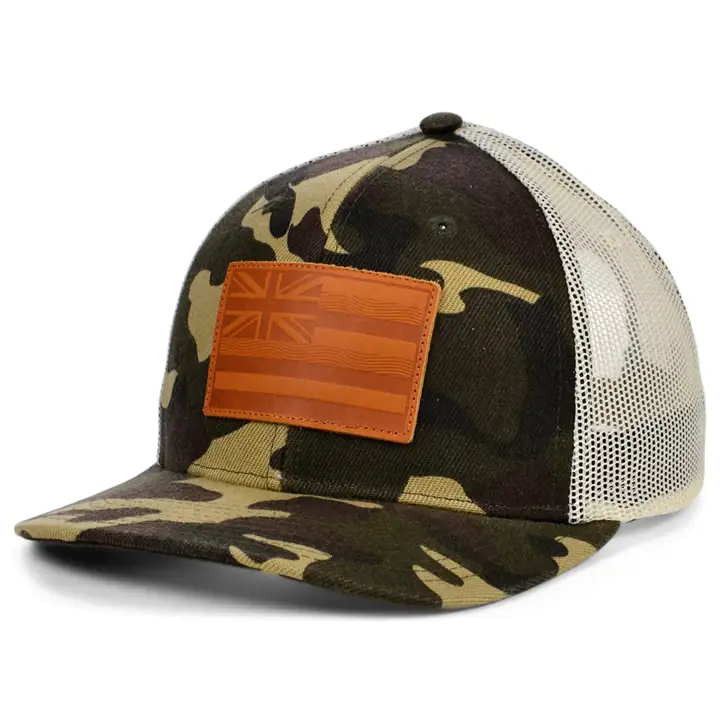 HAWAII Woodland Leather State Fill Curved Trucker Flag WOODL
