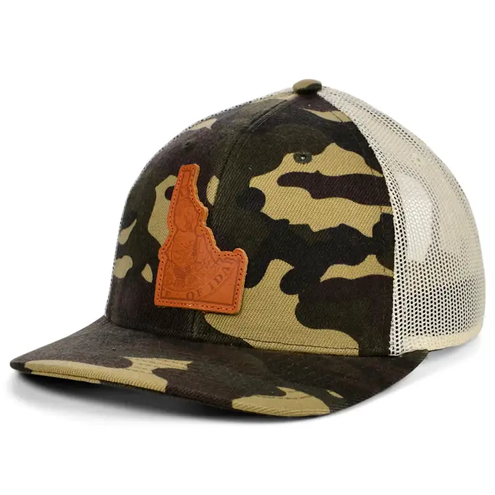 IDAHO Woodland Leather State Fill Curved Trucker Flag WOODLA
