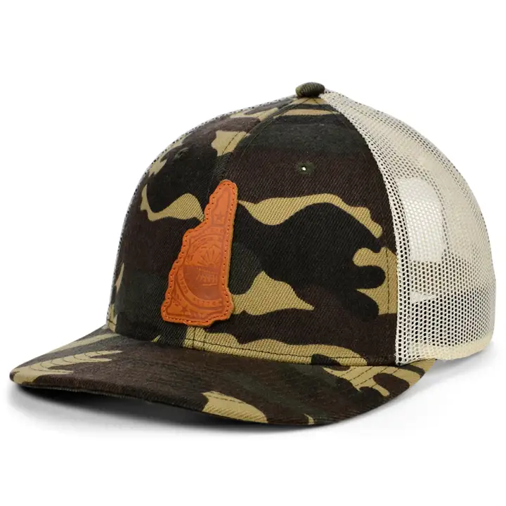 New Hamp Woodland Leather State Fill Curved Trucker Flag WOO