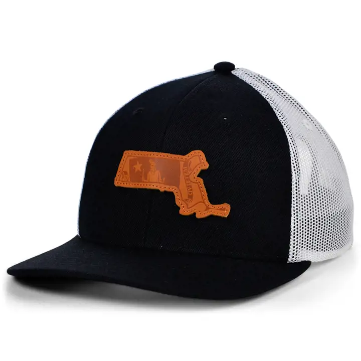 MASSACHUSETTS BW Cuir État Rempli Incurvé Trucker Drapeau NOIR/