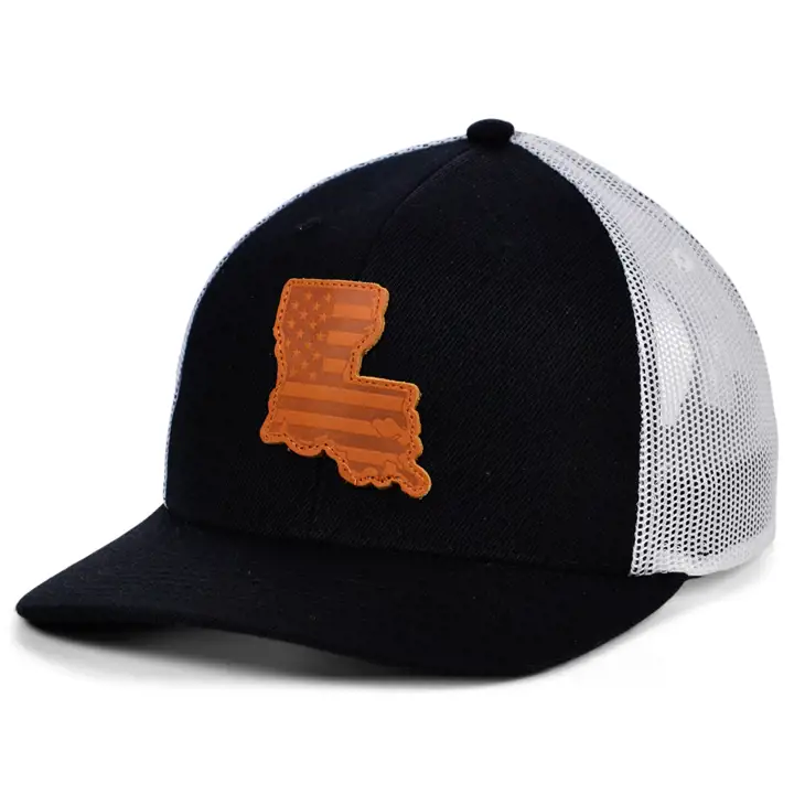 Casquette de camionneur drapeau LOUISIANA BW en cuir USA Patch NOIR/BLANC/MARRON