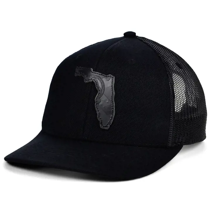 Casquette trucker incurvée FLORIDA Blackout en cuir, drapeau rempli d'État, noire/