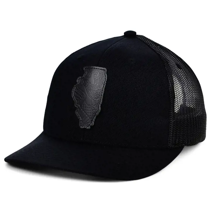 ILLINOIS Blackout Cuir État Rempli Incurvé Casquette Trucker Drapeau NOIR