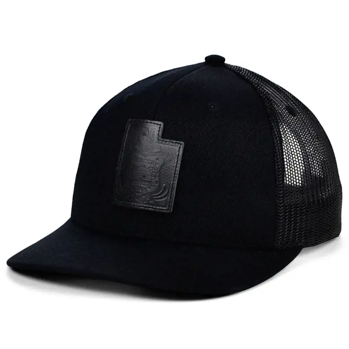 Casquette trucker drapeau incurvé avec remplissage de l'État en cuir noir UTAH BLK/BLK