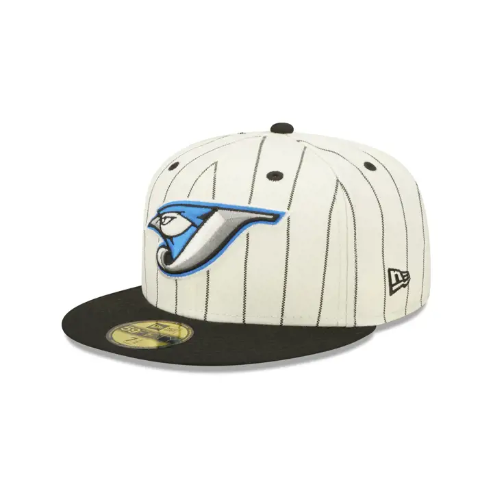 CASQUETTE 59FIFTY AJUSTÉE BLUE JAYS DE LA MLB RAYURES FINES BLEUES ET BLANCHES ÉCUSSON HORS-CHAMP 30E ANNIVERSAIRE