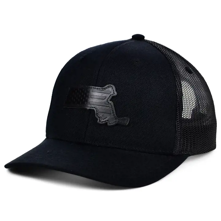 MASSACHUSETTS Casquette de camionneur en cuir noir avec écusson USA BLK/BLK/BLK
