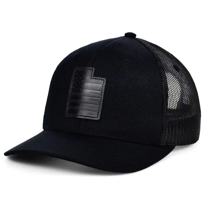 Casquette de camionneur en cuir noir avec écusson USA UTAH BLK/BLK/BLK