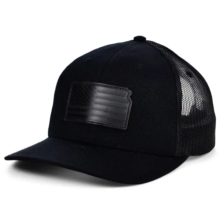 KANSAS Casquette Trucker en Cuir Noire avec Patch USA NOIR/NOIR/NOIR