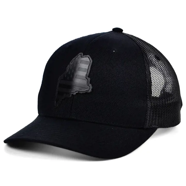 Casquette de camionneur en cuir noir MAINE avec patch USA BLK/BLK/BLK