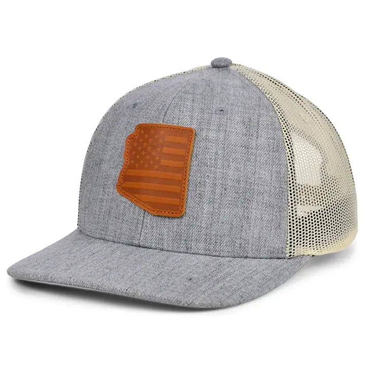 Casquette camionneur ARIZONA HTHR avec écusson en cuir USA GRIS CHINÉ/BLANC/MARRON