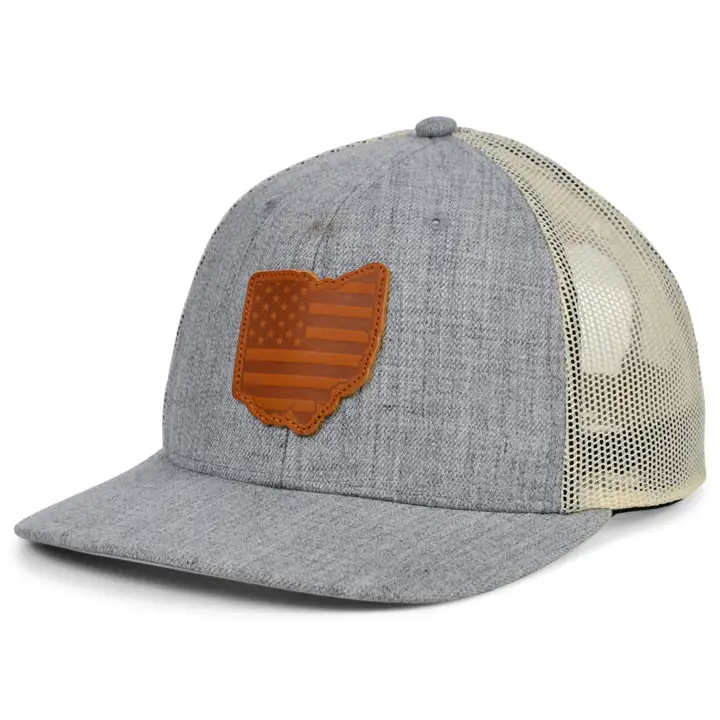 OHIO HTHR Cuir USA Écusson Casquette de Routier GRIS CHINÉ/BLANC/MARRON