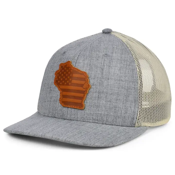 WISCONSIN HTHR Cuir USA Écusson Casquette de camionneur GRIS CHINÉ/BLANC/MARRON