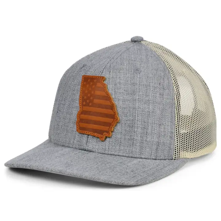 GEORGIA HTHR Casquette Trucker USA Patch en cuir H-GRIS/BLANC/MARRON