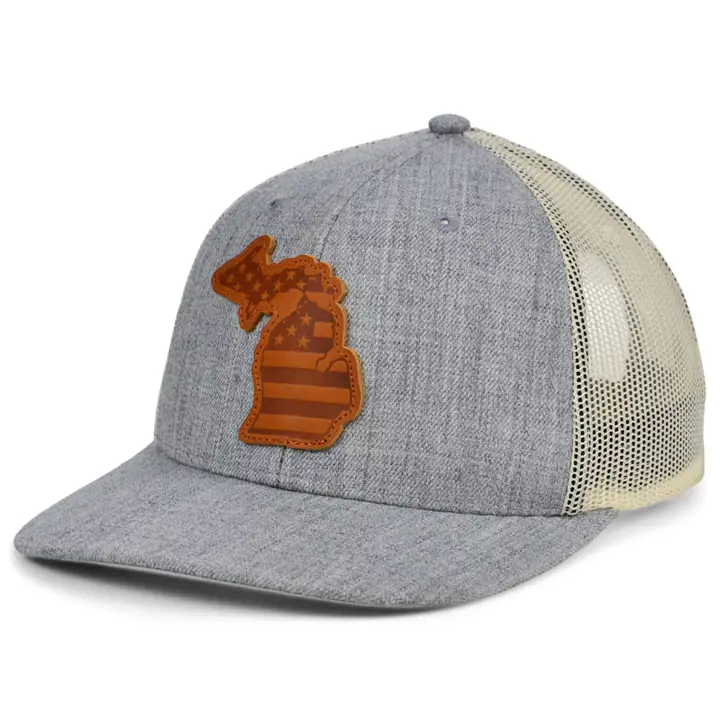 MICHIGAN HTHR Cuir USA Écusson Casquette Trucker Gris Foncé/Blanc/Marron