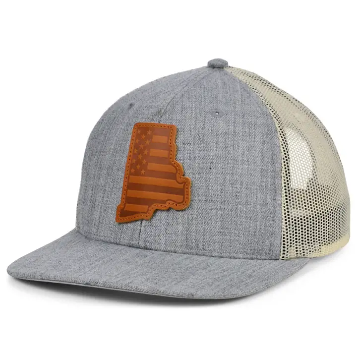 RHODE ISLAND HTHR Casquette Trucker USA Patch Cuir GRIS FONCÉ/BLANC/MARRON