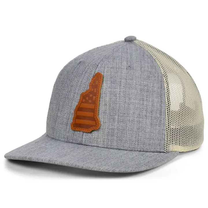 New Hampshire HTHR Cuir USA Écusson Casquette Trucker Gris Foncé/Blanc/Marron