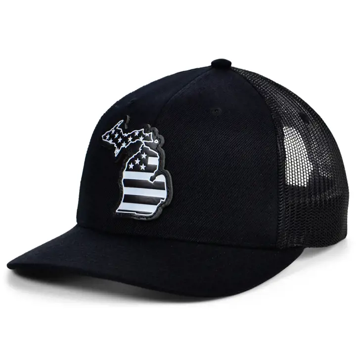 MICHIGAN BLKWHTBLK Casquette de camionneur en cuir avec écusson USA NOIR/BLANC/NOIR