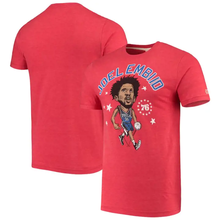 T-shirt caricature NBA Philadelphia 76ers Joel Embiid ROUGE