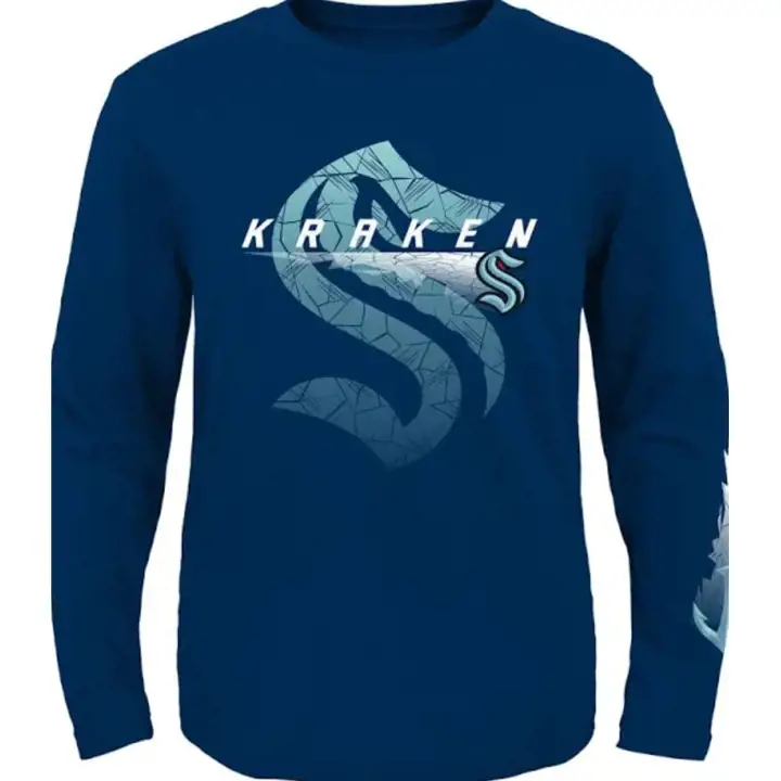 T-shirt manches longues Seattle Kraken LNH pour jeune – Cracked Ice – Marine