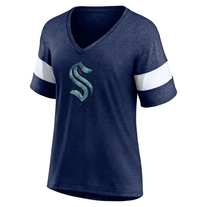 T-shirt Seattle Kraken NHL avec logo principal pour femme, à rayures, manches courtes 22 Nav