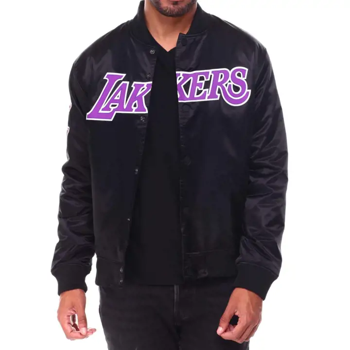 Blouson satiné noir à logo des Lakers de Los Angeles sur la poitrine