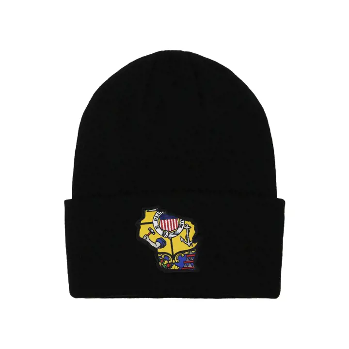 BONNET tricoté noir, écusson drapeau de l'état du WISCONSIN