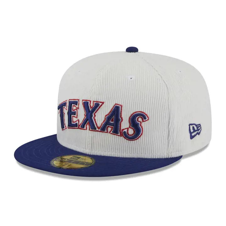 Casquette 59FIFTY en velours côtelé des Texas Rangers de la MLB – Blanc/Bleu/Gris
