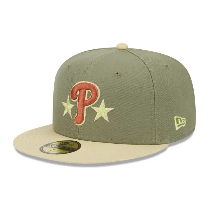 Casquette 59FIFTY MLB Weathered Bark des Philadelphia Phillies, couleur vert/or végétal