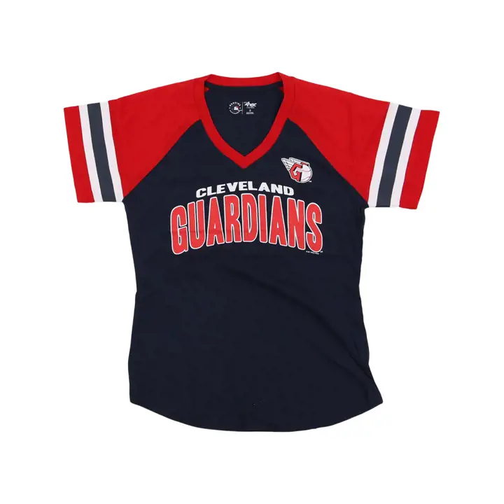 T-shirt court rayé à manches courtes pour femme MLB Cleveland Guardians 23 MARINE