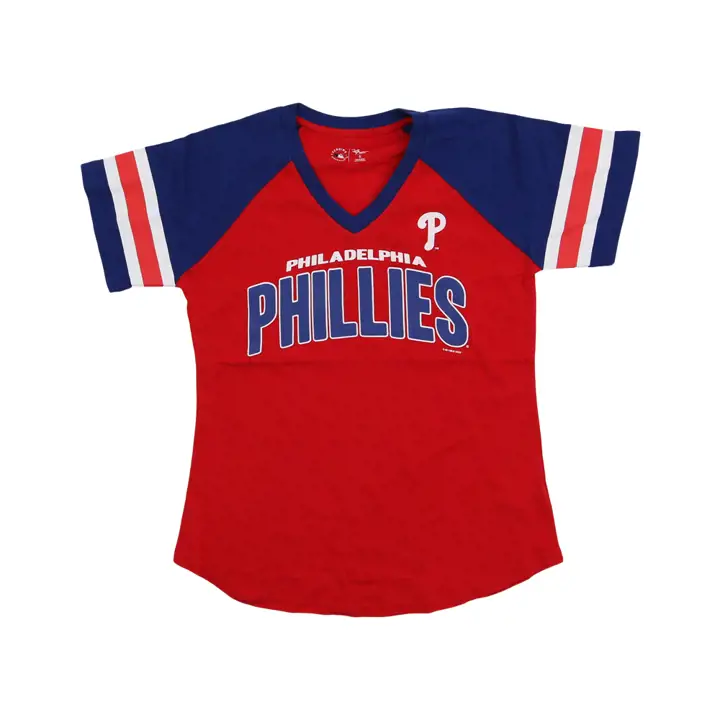 T-shirt MLB Philadelphia Phillies pour femme à rayures sur les manches, manches courtes 23 RE