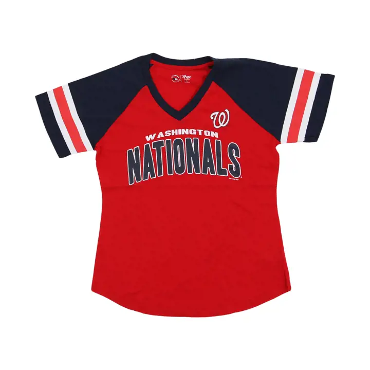T-shirt Washington Nationals MLB pour femme à rayures sur les manches, modèle SS 23 ROUGE
