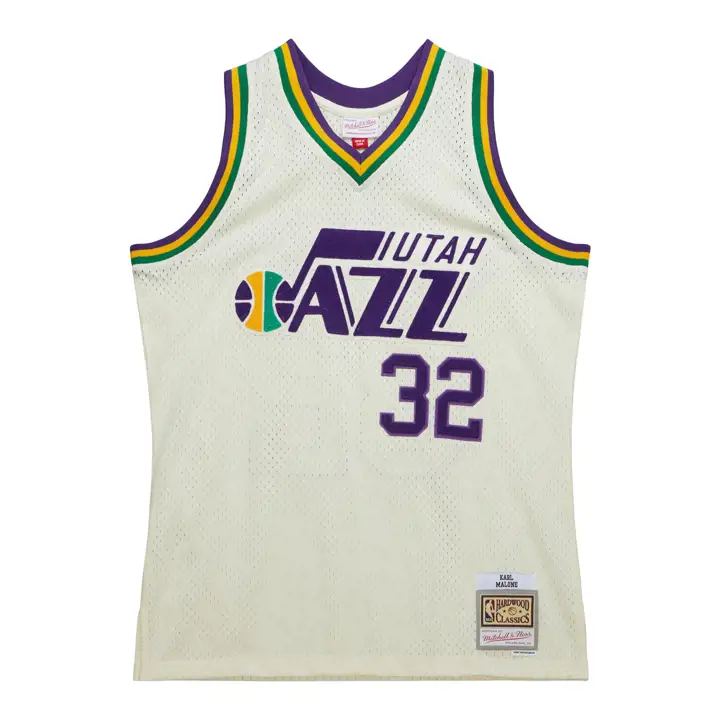 Maillot NBA Utah Jazz Karl Malone brodé au point de chaînette ivoire