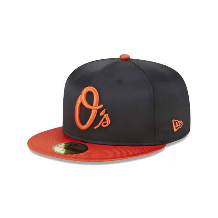 Casquette Baltimore Orioles MLB en satin intégral 59FIFTY NOIR/ORANGE/GRIS
