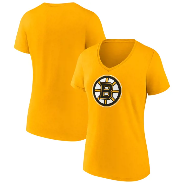 T-shirt à col en V et manches courtes avec logo principal des Boston Bruins de la LNH pour femme, jaune