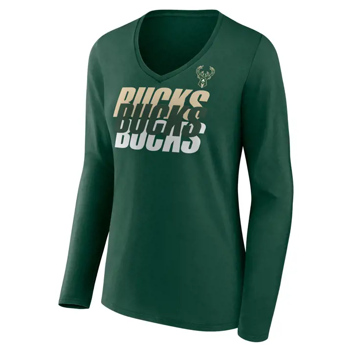 T-shirt à manches longues et col en V Iconic pour femme BUCKS NBA vert foncé