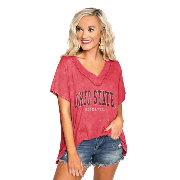 T-shirt lavé aux pigments Ohio State Buckeyes NCAA pour femme 23 rouge