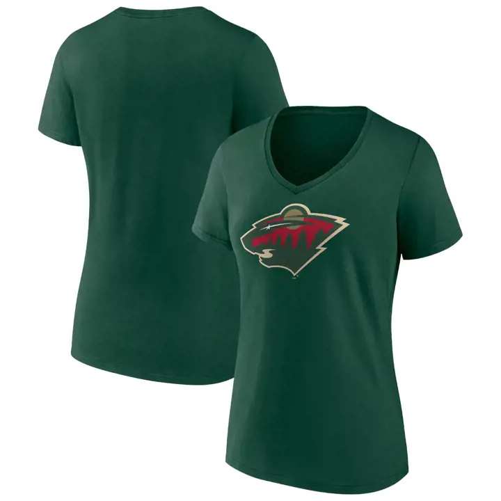 T-shirt à col en V à manches courtes avec logo principal des femmes WILD NHL vert foncé