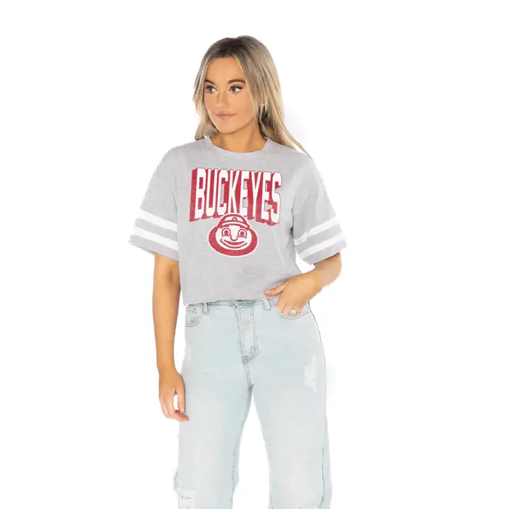 T-shirt court à rayures sur les manches NCAA pour femme Ohio State Buckeyes
