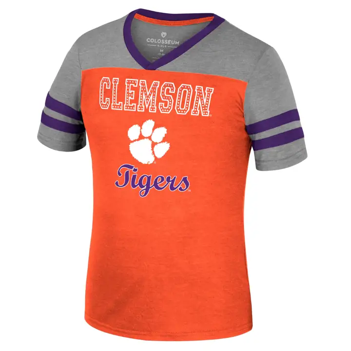 T-shirt à col en V d'été Clemson Tigers NCAA pour filles 23 ORG