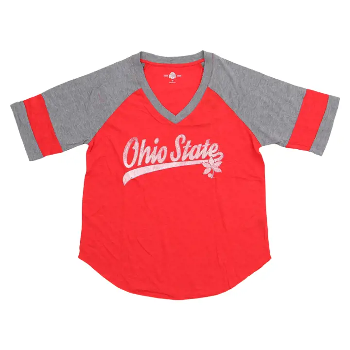 T-shirt col en V avec logo traditionnel NCAA pour femmes des Buckeyes d'Ohio State