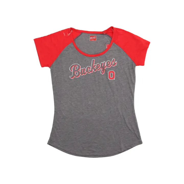 T-shirt de baseball OSU NCAA pour femme Buckeyes avec Block O DS GRIS/ROUGE