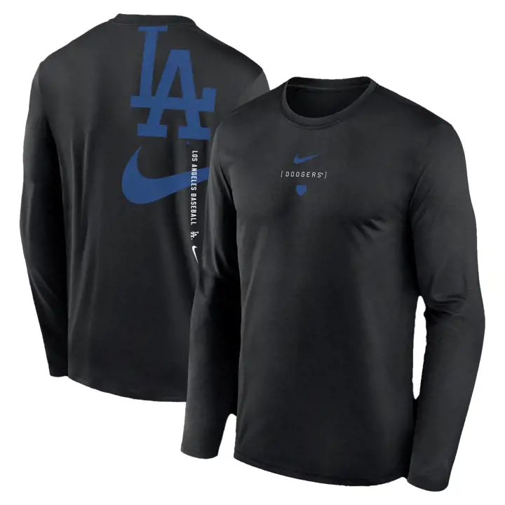 T-shirt à manches longues Swoosh Back Legend MLB des Dodgers de Los Angeles – Noir