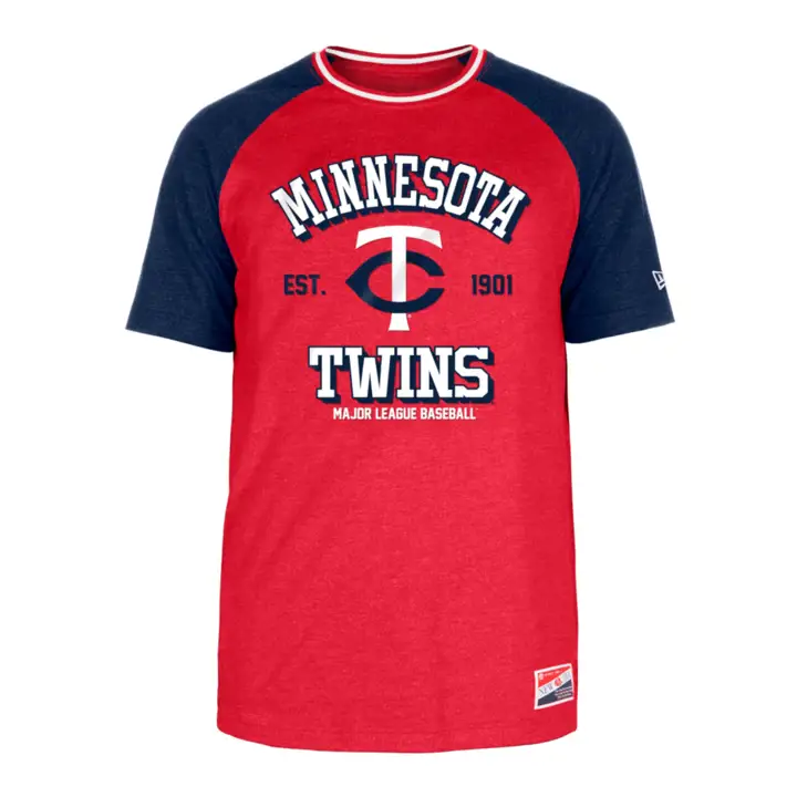 T-shirt Raglan Minnesota Twins MLB Imprimé en Relief Mélangé Manches Courtes Rouge/BLEU MARINE